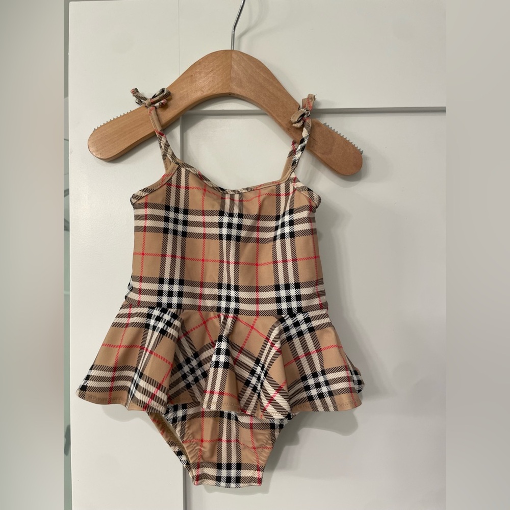 Burberry Beige and Red Plaid Swimsuit